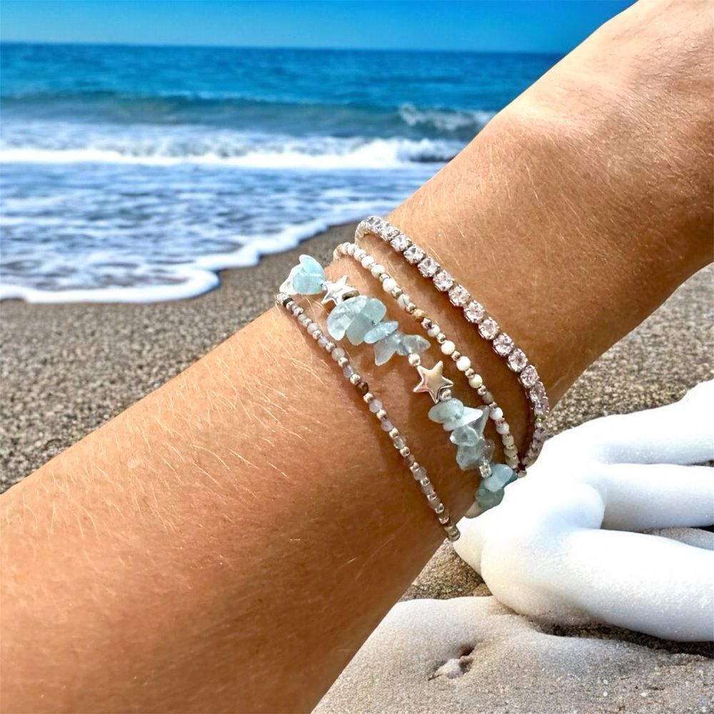 Chic Aquamarine And Silver Star Bracelet Collection And Tennis Bracelet